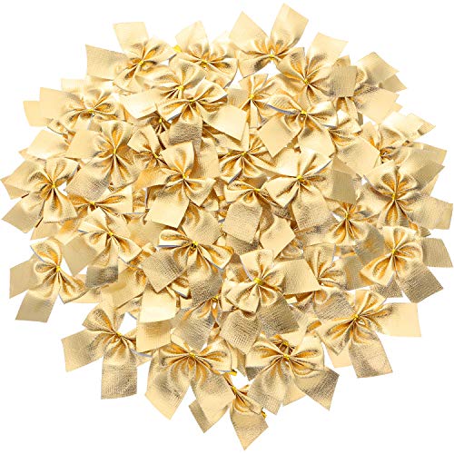 Sumind 72 Pack Mini Lazo de Árbol de Navidad 6 cm Adornos de Lazo de Cinta para Decoración Colgante de Árbol de Navidad (Dorado)