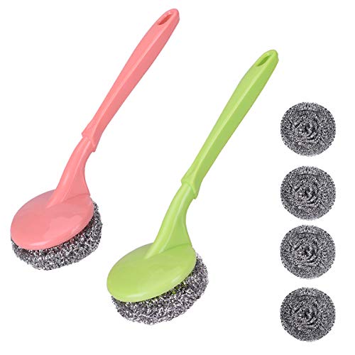 TankerStreet 6PCS Estropajos de Cocina Acero Inoxidable Depurador con Mango de Plástico Bolas de Alambre Acero Reemplazable Limpieza Herramienta de Cepillo para Lavado Plato Maceta Color Aleatorio