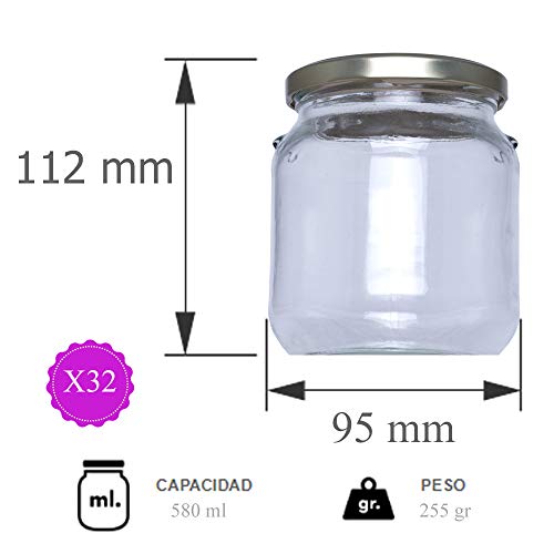 Tarros de Cristal con Tapa para chuches conservas pastas legumbres Miel Yogur conservas Frascos hermeticos de 580 ml con Tapa de Rosca Cerrado hermético para almacenar Alimentos (32 Unidades)