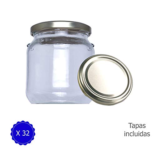 Tarros de Cristal con Tapa para chuches conservas pastas legumbres Miel Yogur conservas Frascos hermeticos de 580 ml con Tapa de Rosca Cerrado hermético para almacenar Alimentos (32 Unidades)