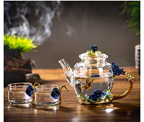 Tetera de Vidrio - 280 ml - Francia Esmalte Azul Rosa Flor Mariposa Decoración Tetera de Vidrio Resistente al Calor Tetera con colador para té floreciente, Té de Hojas Sueltas