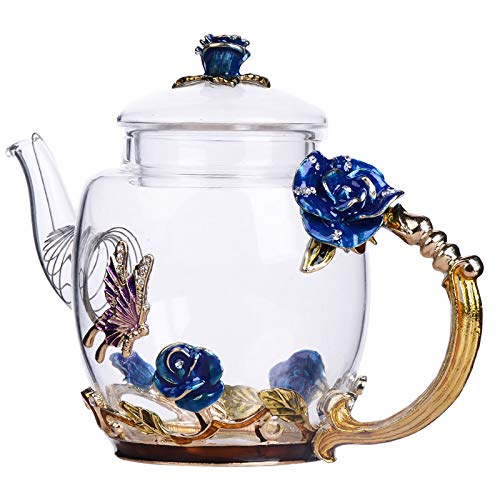 Tetera de Vidrio - 280 ml - Francia Esmalte Azul Rosa Flor Mariposa Decoración Tetera de Vidrio Resistente al Calor Tetera con colador para té floreciente, Té de Hojas Sueltas