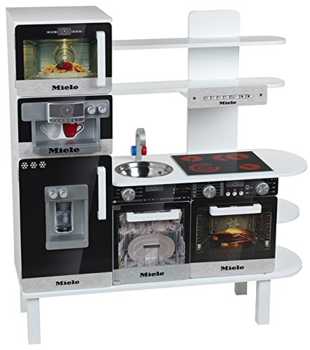 Theo Klein 9459 Cocina de juguete de madera grande Miele, Cocina de madera blanca que,incluye hornillo, lavavajillas y cafetera expreso,fregadero extraíble,a partir de 3 años,87 cm x 32 cm x 93,5 cm