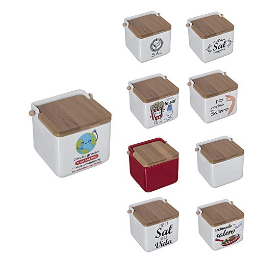 TIENDA EURASIA® Saleros de Cocina con Tapa Originales - Cerámica con Tapa de Bambú - 12x12x12cm (EL Mundo Entero)