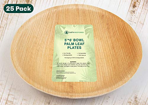 Tierra restaurada | Platos de hoja de palma | Tazones redondos | Fiesta con cuencos desechables | Plato de papel Fiesta | Juego de barbacoa | Juego de picnic (Ø 5 pulgadas redondo – 25 piezas)
