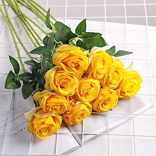 Tifuly 12 PCS Rosas Artificiales, Realista Largo Tallo Falso Rosa Seda Nupcial Ramo de Novia Flor para Home Garden Party Hotel Decoración