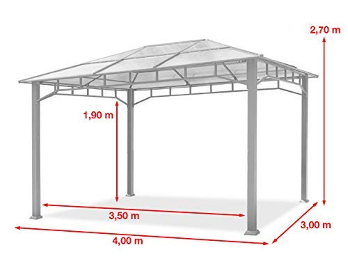 TOOLPORT Cenador de jardín 3x4m Impermeable ALU Deluxe Techo de policarbonato Pabellón 8mm Cenador 4 Lados Carpa Fiesta Gris 9x9cm Perfil