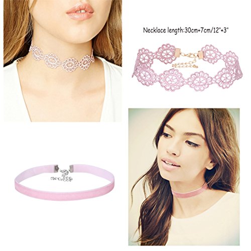 Tpocean 7 Piezas Rosado Cordón Collar del Ahogador Conjunto Gótico Floral Tatuaje Grueso Gargantilla para Mujeres Chicas