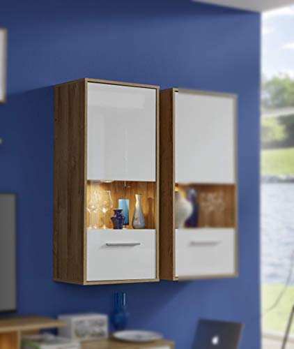 Trendteam Mueble, Vitrina roble antiguo, Korpus Alteiche Dekor, Blanco brillante, 50 x 112 x 125 cm