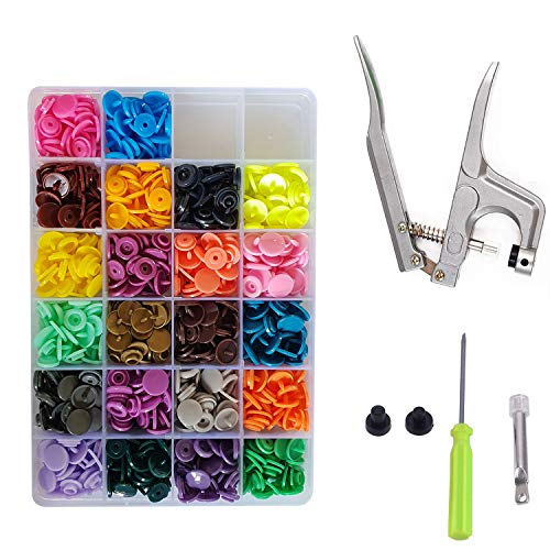 Trimming Shop KAM Alicates a presión T3 de plástico, Kit de iniciación de broches sin Costura, Herramientas de Mano, Baberos, 150 Unidades (15 Colores Surtidos), Multicolor, T5 (Size 20)