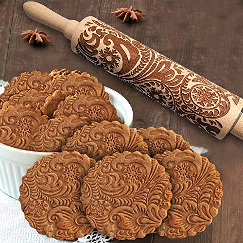 TTCOTOKE Rodillo Amasar, Madera Rodillo de Cocina con Relieve de Copo de Nieve Rodillo de Amasar de Navidad, El Mejor para Fondant, Pastas para Tartas y Pay, Galletas y Masa para Pasteles
