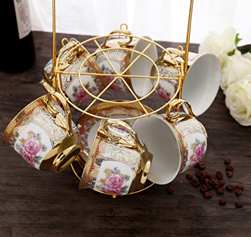 ufengke 13 Piezas Europea Juego De Té De Galvanoplastia, Rosa Roja Juego De Té De Cerámico Juego De Café con Soporte De Metal, para Regalo, La Boda, La Familia Y La Oficina