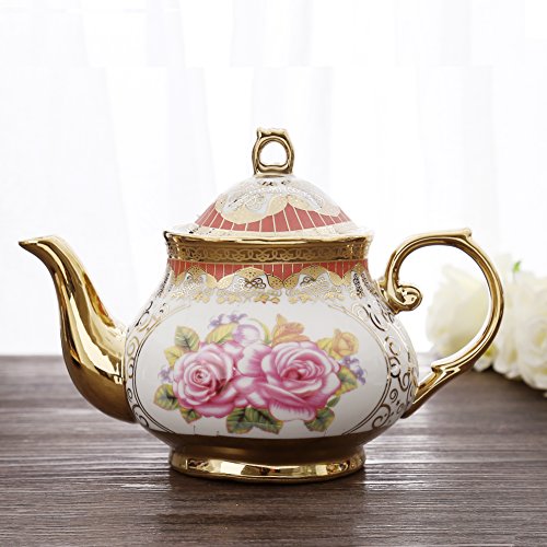 ufengke 13 Piezas Europea Juego De Té De Galvanoplastia, Rosa Roja Juego De Té De Cerámico Juego De Café con Soporte De Metal, para Regalo, La Boda, La Familia Y La Oficina