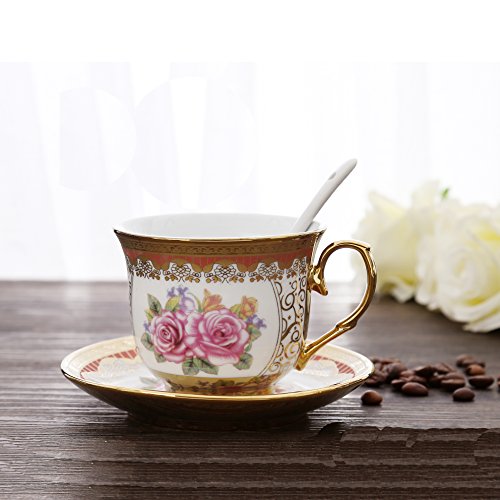 ufengke 13 Piezas Europea Juego De Té De Galvanoplastia, Rosa Roja Juego De Té De Cerámico Juego De Café con Soporte De Metal, para Regalo, La Boda, La Familia Y La Oficina