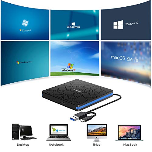 Unidad de CD DVD Externa, grabadora y Lector de CD-RW portátil con USB 3.0 y Tipo C,Alta Velocidad para computadora portátil, PC, Macbook Air/Pro, Mac OS, Windows 10/8/7 / XP y Linux (Balck)