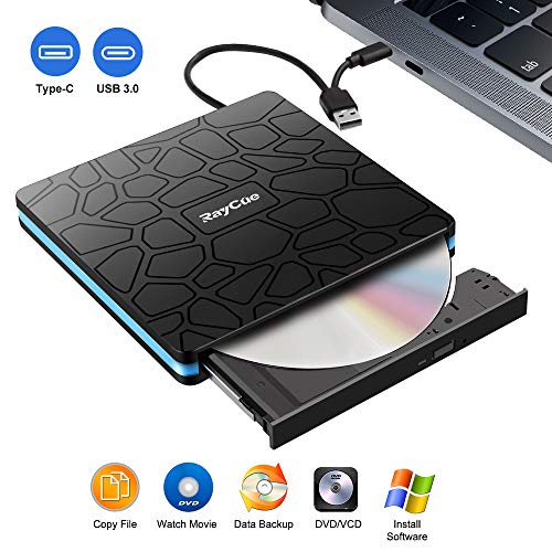 Unidad de CD DVD Externa, grabadora y Lector de CD-RW portátil con USB 3.0 y Tipo C,Alta Velocidad para computadora portátil, PC, Macbook Air/Pro, Mac OS, Windows 10/8/7 / XP y Linux (Balck)