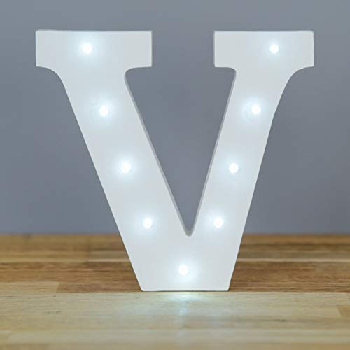 Up in Lights Muestra decorativa de madera blanca de las letras del LED - colgante de pared con pilas - Letra V