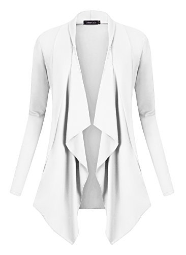 Urban GoCo Mujeres Cárdigan Drapeado de Manga Larga Chaqueta con Frente Abierto Rebecas Dobladillo Irregular (XL, Blanco)
