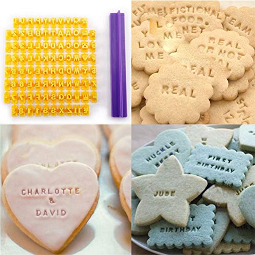 Útil 94 piezas cortadores de galletas, números del alfabeto inglés, letreros de fondant, juego de cortadores de fondant, herramientas para hornear (93 moldes y 1 asa)