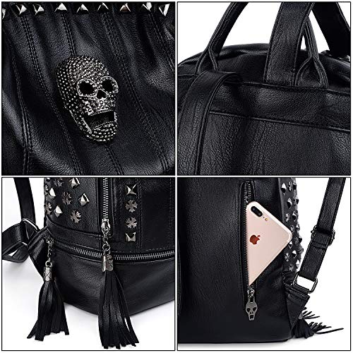 UTO - Bolso Mochila de Mujer Bolso de Hombro Moda de Cuero Sintético Remache Tachonado Calavera Cráneo Estilo Punk Gótico