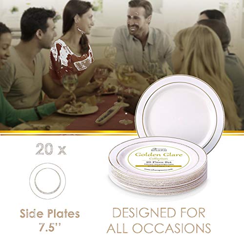 VAJILLA PARA FIESTAS DESECHABLE DE 20 PIEZAS | 20 platos auxiliares| Platos de plástico resistente | Elegante aspecto de porcelana fina | Para bodas y comidas de lujo (Marfil/Borde dorado| 19 cm)