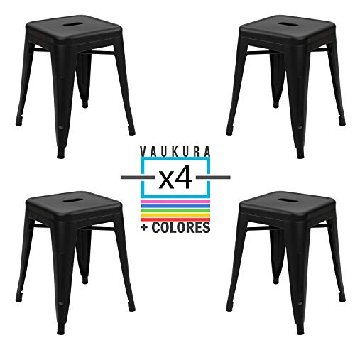 Vaukura Taburete Bajo Tolix (Pack 4) - Taburete Industrial Metálico Mate (Negro)