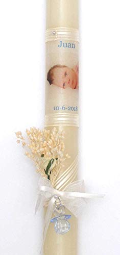 vela de bautizo foto y flor 40x3 cm -PERSONALIZADA CON LA FOTO DEL BEBE