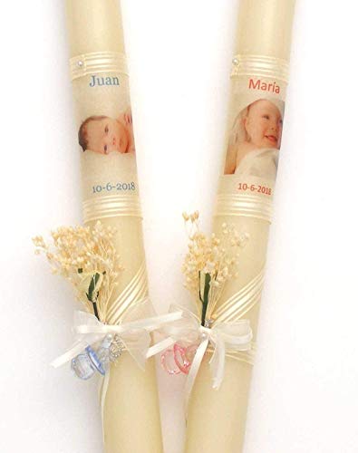 vela de bautizo foto y flor 40x3 cm -PERSONALIZADA CON LA FOTO DEL BEBE