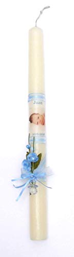 vela de bautizo foto y lazo 40x3 cm-PERSONALIZADA CON LA FOTO DEL BEBÉ EN ROSA O AZUL