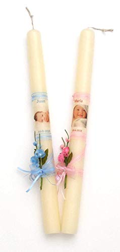 vela de bautizo foto y lazo 40x3 cm-PERSONALIZADA CON LA FOTO DEL BEBÉ EN ROSA O AZUL