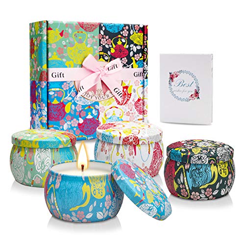 Velas Aromaticas, Cera de Soja Natural, Velas Perfumadas Regalos para Mujer, 4*4.4oz 25-30 Horas, Aromaterapia,Yoga,Aniversario,Día de Acción de Gracias, Gardenia, Lavanda, Jazmín, Vainilla