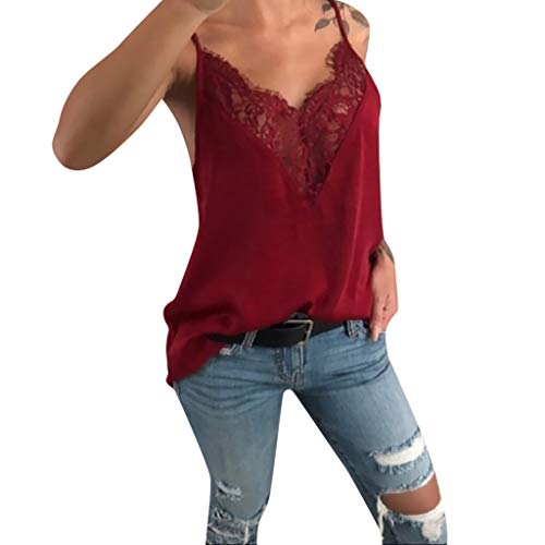 VEMOW Tirantes Camisetas Mujeres Chaleco de Encaje Cuello en v sin Mangas Floja Camisola Casual Tops Blusa(A Rojo,S)