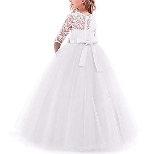 Vestido de niña de Flores para la Boda Princesa Largo Manga Vestidos de Dama De Honor Fiesta Tul Comunión Cumpleaños Bola Pageant Paseo Baile Maxi Cóctel Fotografía Vestir Blanco 11-12 Años