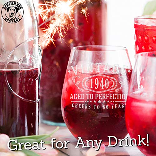 Vintage 1940 - Copa de vino grabada de 17 onzas sin tallo, 80 cumpleaños envejecidos a la perfección, 80 años de edad regalos