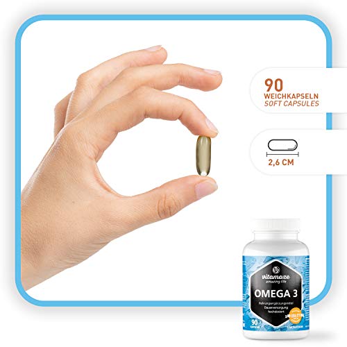 Vitamaze® Omega 3 Capsulas 1000 mg de Dosis Potentes, Puro Aceite de Pescado con 400 mg (40%) EPA y 300 mg (30%) de DHA por Cápsula de Gelatina blanda para 3 Meses, IFOS Certificado, Calidad Alemana