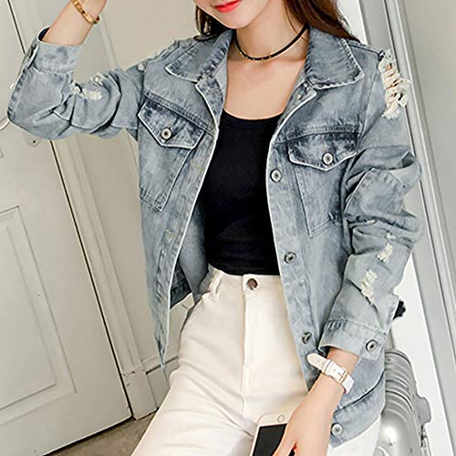 VJGOAL Mujer Otoño E Invierno Moda Casual Tallas Grandes Manga Larga Bolsillos de Vaquero Blusa Agujero Imprimir Botón Escudo(X-Large,Azul)