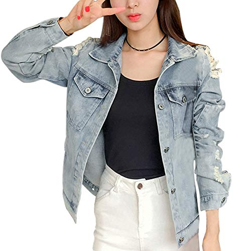 VJGOAL Mujer Otoño E Invierno Moda Casual Tallas Grandes Manga Larga Bolsillos de Vaquero Blusa Agujero Imprimir Botón Escudo(X-Large,Azul)