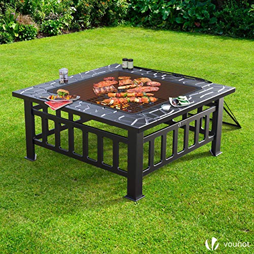 VOUNOT Brasero Exterior para Jardín y Terraza, 3 en 1 Metal Fire Pit, Pozo de Fuego con Barbacoa, 81 x 81 x 45 cm