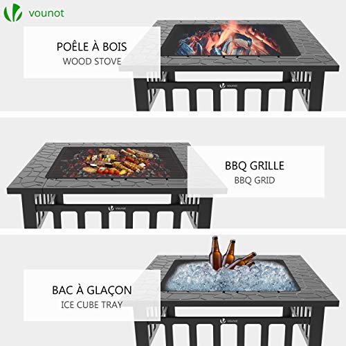 VOUNOT Brasero Exterior para Jardín y Terraza, 3 en 1 Metal Fire Pit, Pozo de Fuego con Barbacoa, 81 x 81 x 45 cm