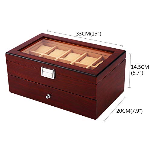 Watch storage box Tiene Capacidad para 20 Relojes, Vitrina Dos Pisos de Madera con Techo Transparente de Vidrio y Cerradura de Seguridad