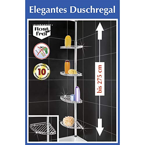 Wenko 8145500 Esquinero telescópico para la Ducha Acero INOX - con 4 repisas, Metal, 20 x 56-275 x 20 cm, Plata Brillante