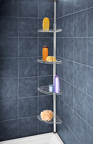 Wenko 8145500 Esquinero telescópico para la Ducha Acero INOX - con 4 repisas, Metal, 20 x 56-275 x 20 cm, Plata Brillante