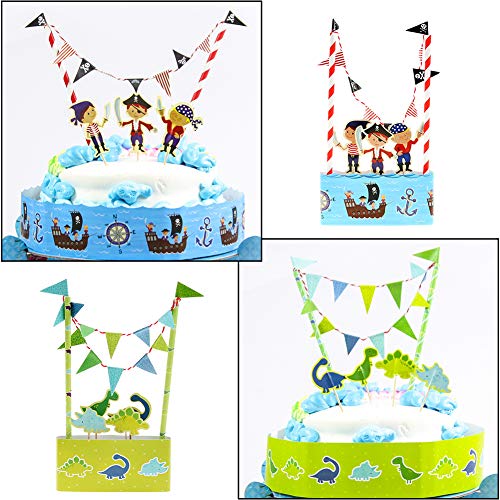 WENTS Kit de Decoración de Pasteles 2PCS Conjunto de Sombrero de Copa de Dinosaurio de Dibujos Animados Pirata Bunting, Decoraciones de Pastel de Fiesta de Cumpleaños para Niños