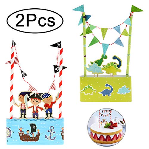 WENTS Kit de Decoración de Pasteles 2PCS Conjunto de Sombrero de Copa de Dinosaurio de Dibujos Animados Pirata Bunting, Decoraciones de Pastel de Fiesta de Cumpleaños para Niños