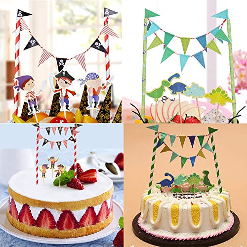 WENTS Kit de Decoración de Pasteles 2PCS Conjunto de Sombrero de Copa de Dinosaurio de Dibujos Animados Pirata Bunting, Decoraciones de Pastel de Fiesta de Cumpleaños para Niños
