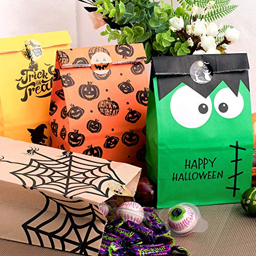 Whaline 60 bolsas de papel de Halloween para trucos o golosinas, bolsas de golosinas, bolsas de dulces con 60 pegatinas de Halloween para fiestas, trucos o tratos, aulas