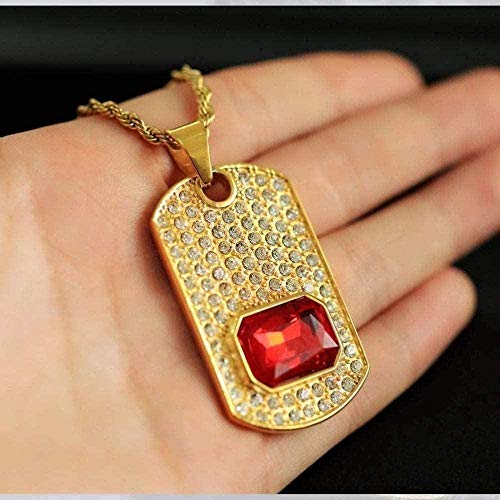 WLHLFL Collar Colgante de Acero Inoxidable Collar de Oro Diamante Rojo y Negro Etiqueta de Piedras Preciosas Colgante Collar de Hombre Acero de Titanio Accesorios de Hip Hop Regalo Negro-Rojo