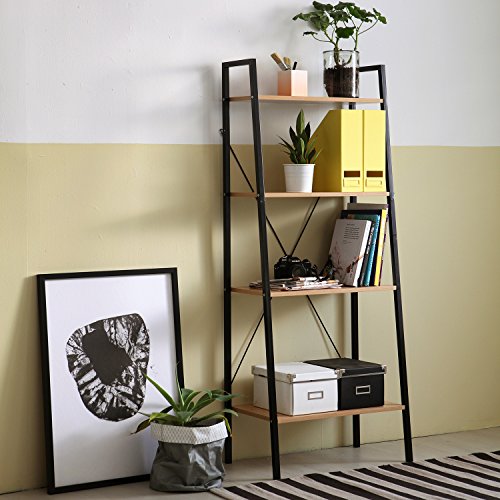 WOLTU Estantería Estante de Metal Estante de Zapatos Escalera de Flores, con 4 estantes, Negro + Roble Claro RGB9283hei