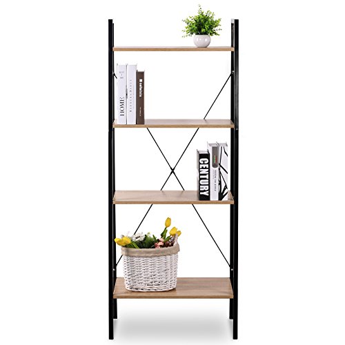 WOLTU Estantería Estante de Metal Estante de Zapatos Escalera de Flores, con 4 estantes, Negro + Roble Claro RGB9283hei