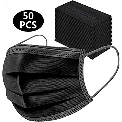 Wudi 50pcs -3ply Protección de Nariz y Boca, Embalaje higiénico Adecuado para Oficina, Exterior(Nero)